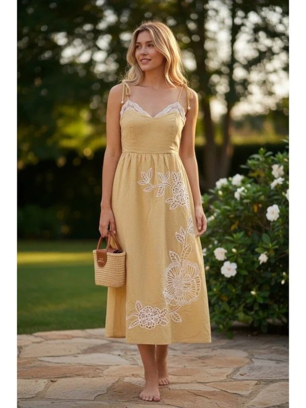 New Caroline Constas Lace-Trim Floral Embroidered Tan/White Midi Dress NWT